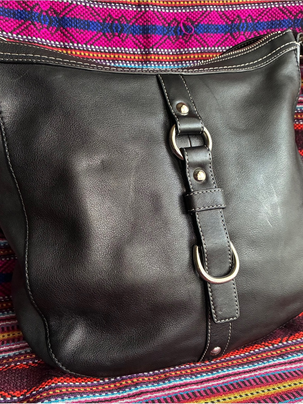 Coach Black Leather Crossbody with Silver Ring Detail